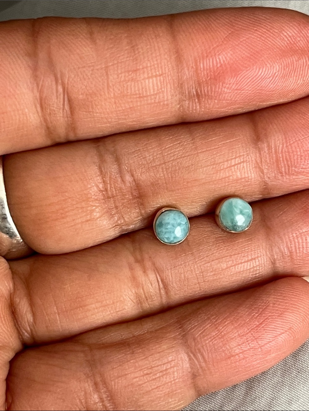 Hand Crafted Larimar Stones Round Stud Earrings - Picture 5 of 7